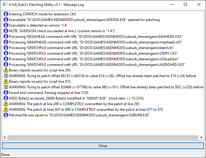 K1n9_Duk3's Patching Utility v3.1 - Message Log